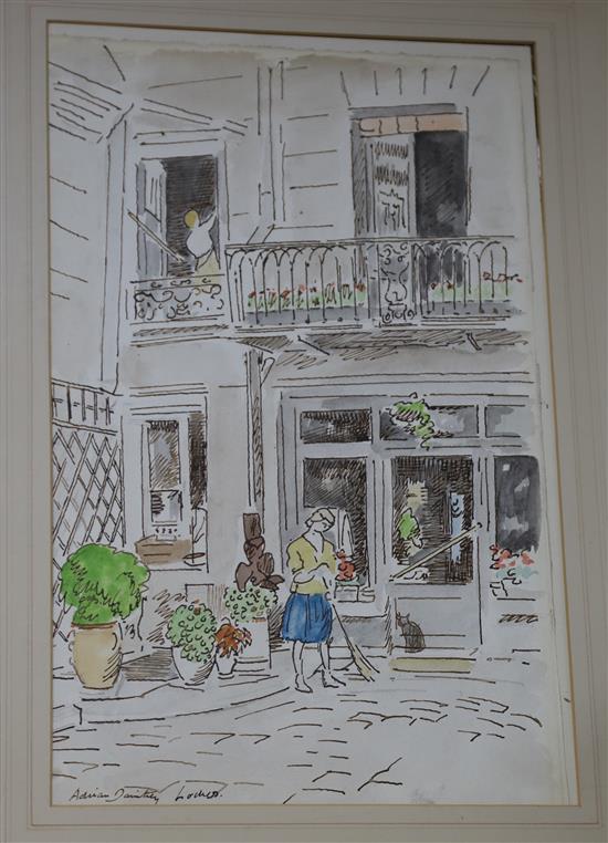 Adrian Daintrey (1902-1988), ink and watercolour, Shopfront, Loches, signed, 39 x 24cm.